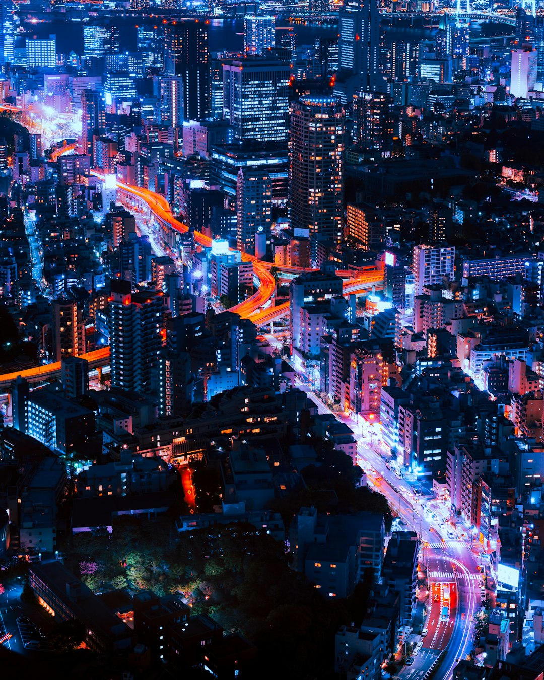 Night view of Tokyo, Japan, bird’s eye view, city lights, highrise buildings and streets illuminated with neon signs, cars moving on the highway below, colorful lights reflecting off skyscrapers, creating an atmosphere of bustling urban life, vibrant blue tones in the night sky, in the style of photography, wideangle lens capturing vastness, high resolution. –ar 51:64