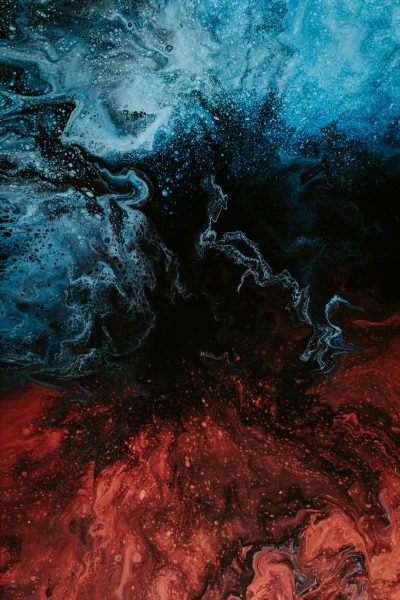 Dark blue and red fluid flowing in the top view of the ocean floor in black water, hyper realistic oil painting in the style of dark atmosphere. --ar 85:128
