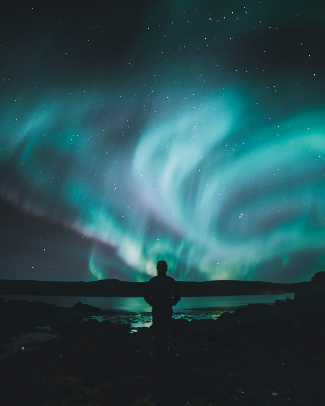 A person standing on the shore of an ocean, gazing at the vibrant aurora borealis in the starring night sky. The northern lights dance across the dark canvas with hues like green and blue, creating mesmerizing patterns that enhance their beauty. A man stands tall against his silhouette as he watches this celestial display. He is dressed casually yet elegantly to match the magical atmosphere. Captured from behind him using a wide-angle lens in the style of Nikon D850 DSLR camera with a hip level shot, high resolution, natural lighting, HDR. –ar 51:64