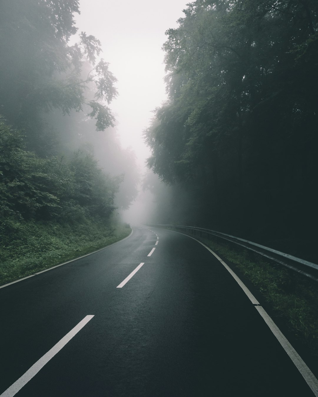 A photo of an empty road in the foggy forest, white lines on asphalt winding up and down, in the style of unsplash photography, with dark green and gray tones, in a minimalistic style. –ar 51:64