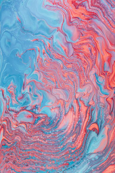 Abstract fluid art in coral pink and sky blue, resembling swirling marble patterns. The background is a gradient from light teal to dark red, creating an otherworldly atmosphere. High resolution focuses on the intricate details of each swirl for an elegant effect. --ar 85:128