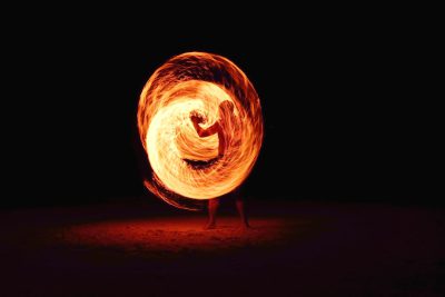 A fire dancer spinning on the beach at night, their sparks creating an abstract circular pattern in front of them. The focus is sharp and detailed, capturing every flame as it dances across the dark sky. This shot emphasizes the dynamic motion and energy of the performance, with the bright orange light contrasting against the black background. Shot in the style of Nikon D850 DSLR camera with a wide-angle lens. --ar 128:85