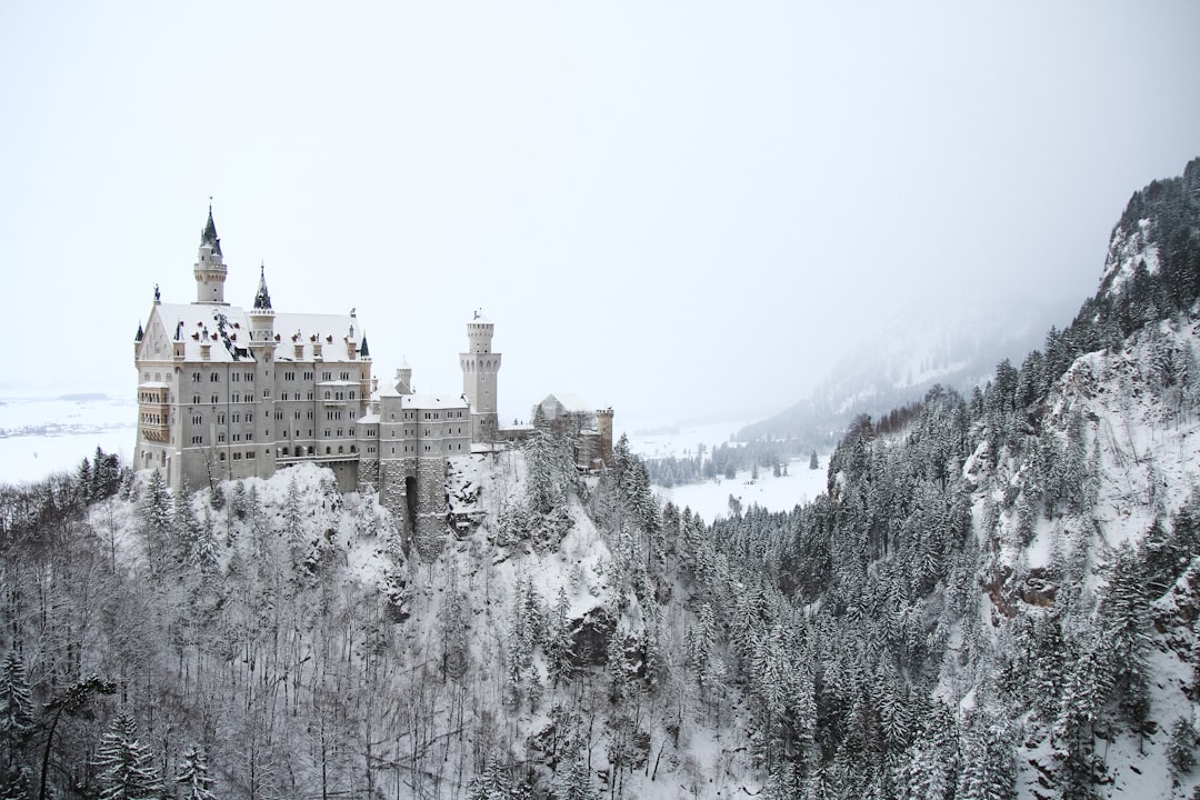 A photograph of Neuschwanstein Castle in winter, with a white sky and snow covered forest below, looks beautiful and majestic in a cinematic style. –ar 128:85