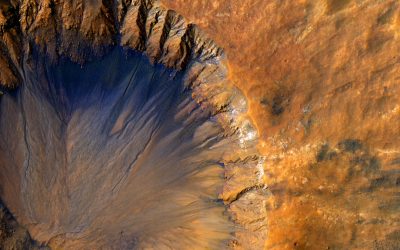 Aerial view of an alien crater on Mars, captured by the IMAX camera in high resolution and color quality. The craters appear deep blue with golden textures and orangehued walls, creating a surreal landscape on mars. Highresolution photography, vivid colors, sharp focus, and dynamic composition, showcasing Earth's natural beauty in space. A captivating and detailed depiction of lifeless terrain on planet --ar 8:5