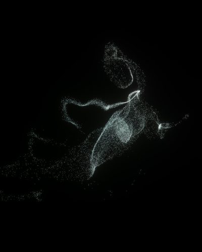White light particles in the shape of an abstract dancer on black background --ar 51:64