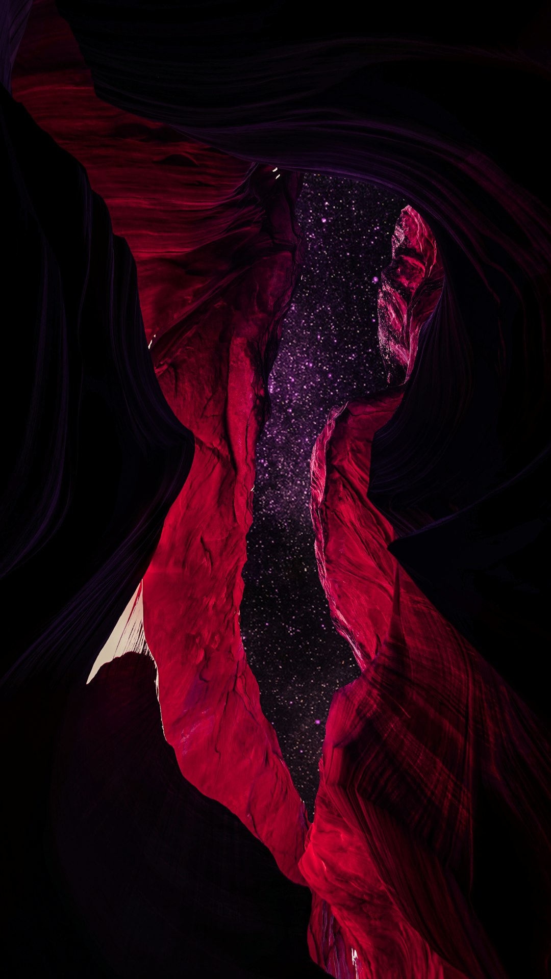 dark red and black photograph of antelope canyon, dark purple starry sky in the background, dark black shadows, dark pink light shining through from above, cinematic, –ar 9:16