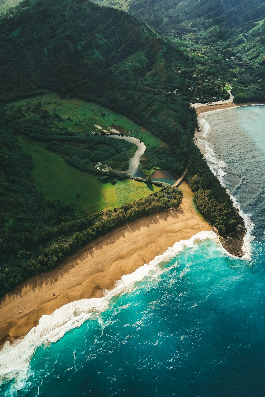 Aerial view of the sandy beach and greenery on the mountainous coastline in Hawaii, with waves crashing onto the golden sand. A winding road runs along one side of the shore leading to an isolated cabin amidst lush foliage, surrounded by dense forest and rugged cliffs. The blue ocean meets the white foam near where the water comes out onto the land. –ar 85:128