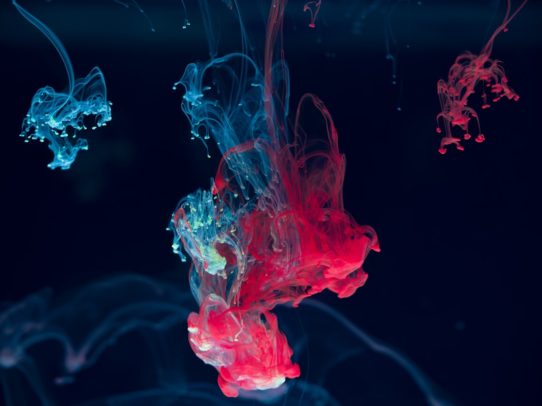 Red and blue ink in water, dark background, fluid art style, smokelike shapes floating upwards, surrealistic depiction of liquid forms, high contrast between colors, closeup perspective, soft lighting, dynamic movement, elegant and mysterious atmosphere. –ar 128:95