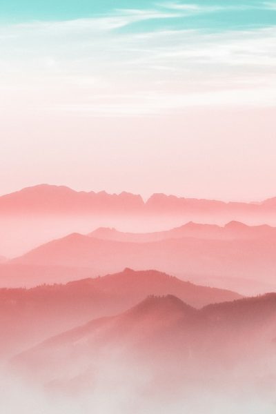 abstract minimalistic landscape, mountains in the distance, foggy sky, pink and blue colors, aesthetic background, high resolution photograph. The scene depicts mountains with pink and blue tones in the style of minimalism. --ar 85:128