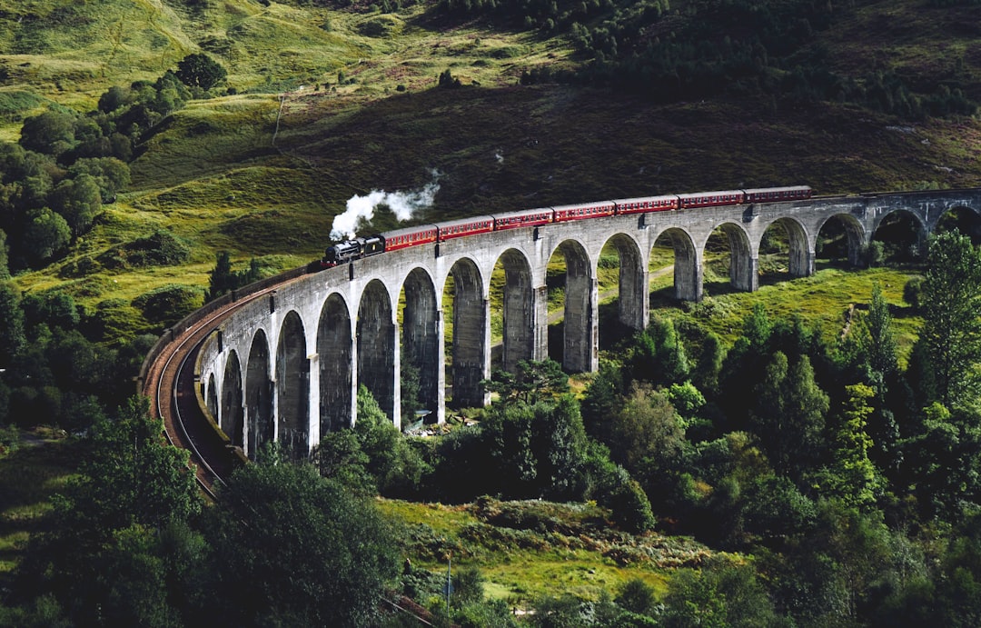 A photo of the iconic Hogwarts Express train gracefully moving over its picturesque arched stone bridge, surrounded by lush greenery and rolling hills in the Scottish Highlands. The scene captures the grandeur of the medieval-style architecture against nature’s beauty, creating an enchanting atmosphere reminiscent of the style of J.K Rowling’s novels. –ar 128:81