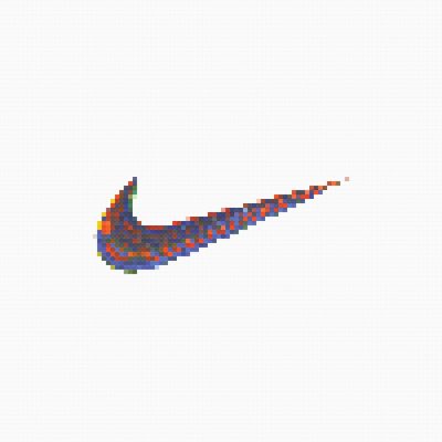 A logo of the Nike swoosh made from pixels, on a white background, in the pixel art style.