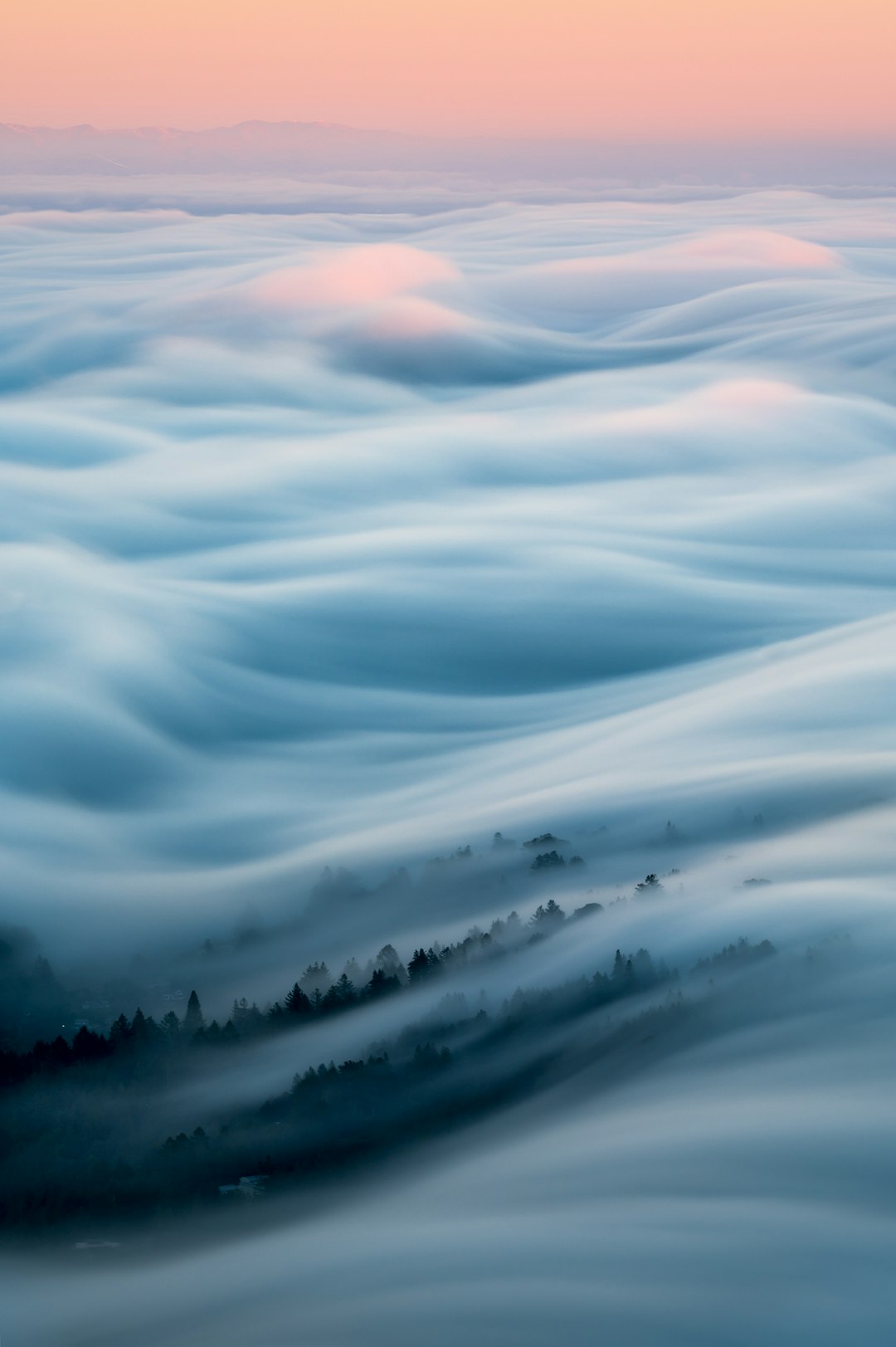 The sea of clouds is rolling and rolling, with layers upon layers of mist covering the ground below. The sky at dawn shines through thin fog to illuminate these ripples in pale pink tones. In front stands an endless forest that seems lost amidst the soft mist. High definition photography, real photos in the style of National Geographic awardwinning works. Aerial perspective, panoramic view, wideangle lens, delicate details, natural scenery, mysterious atmosphere, in the style of National Geographic awardwinning works. –ar 85:128