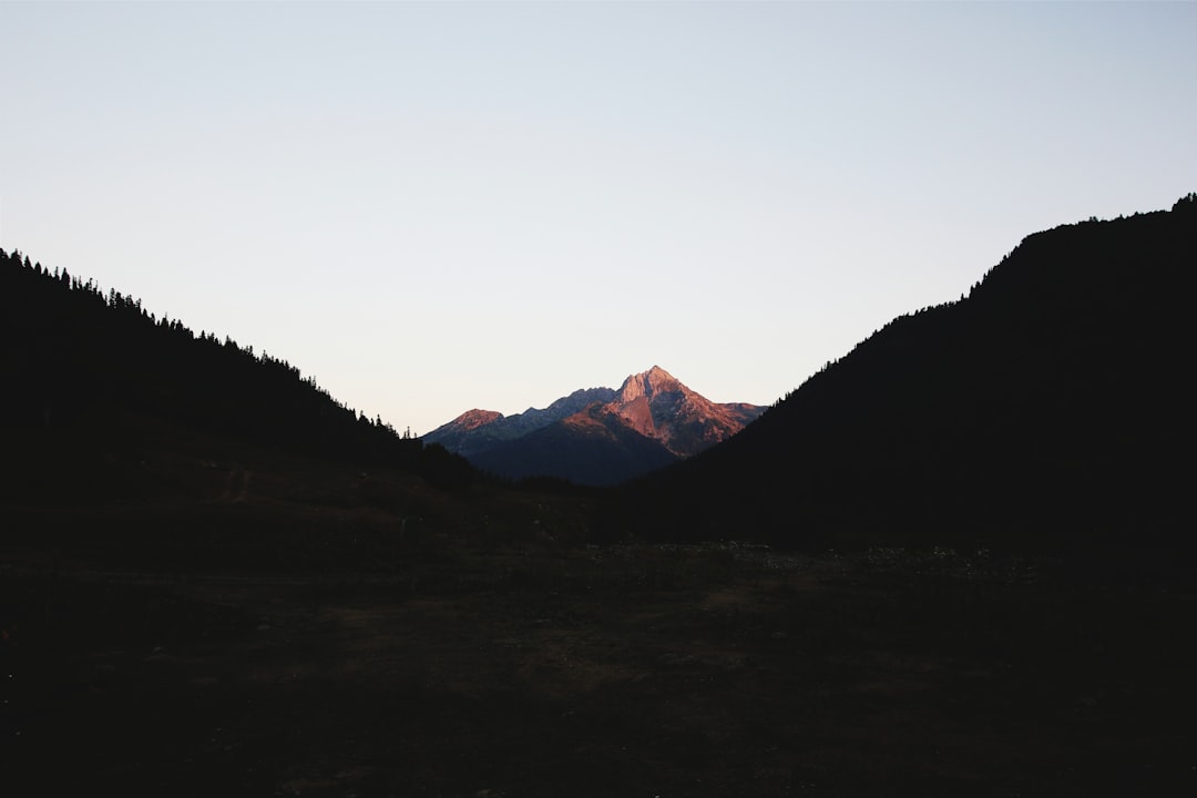 Photograph of the silhouette mountains at dusk, in British Columbia Canada, near Whistler with trees and light pink mountain peaks against a black sky in the evening light. The image is clear, beautiful, simple, clean and minimal. –ar 128:85