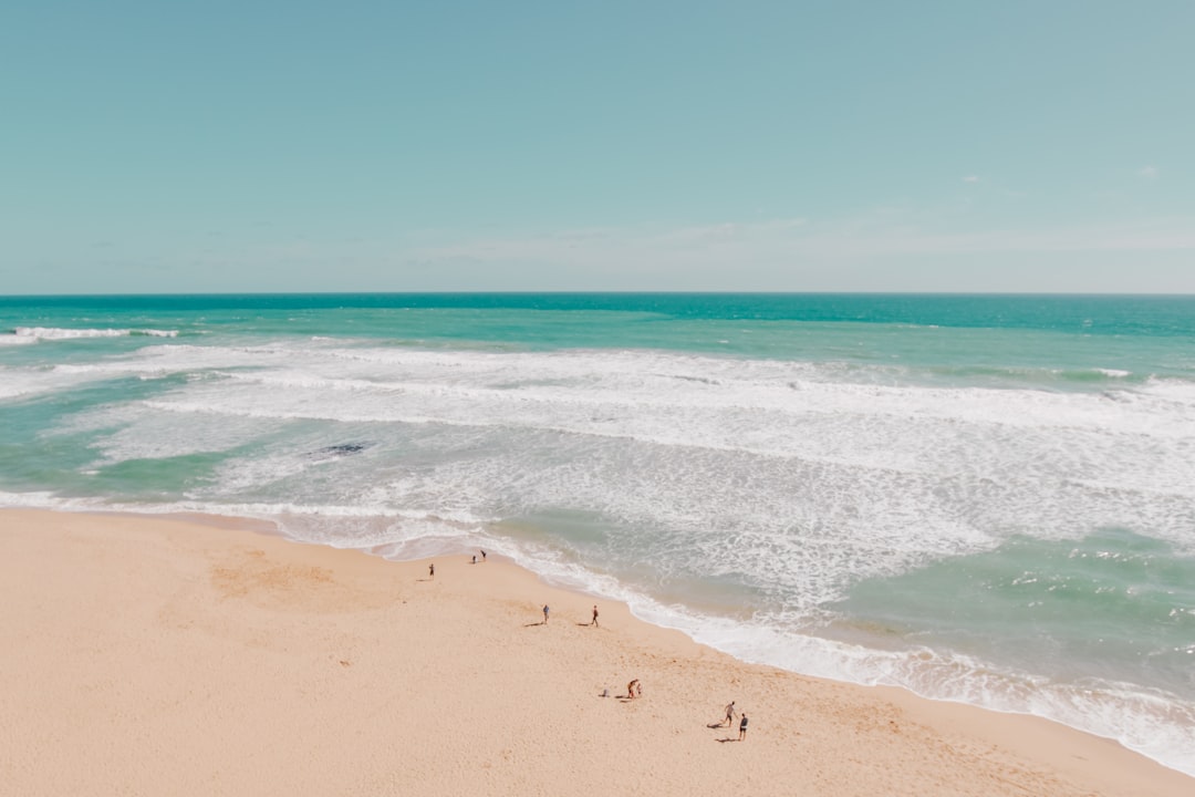 photograph of A beautiful beach with clear blue water and golden sand, people playing in the waves, drone view, wide angle lens, cinematic, minimalism, simple, elegant, relaxing, tranquil, light green and white, sunny day, –ar 128:85