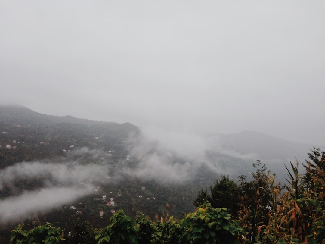 view from the top of G remotely mountain in AndAMotu, A shot through misty clouds showing small villages nestled on hillsides below. The sky is overcast with soft white fog that hovers above lush green vegetation and forested areas, creating an ethereal atmosphere. In front there’s a clear view overlooking distant mountains covered by dense fog. This photo captures a serene natural landscape with mistcovered terrain and rolling hillside –ar 4:3