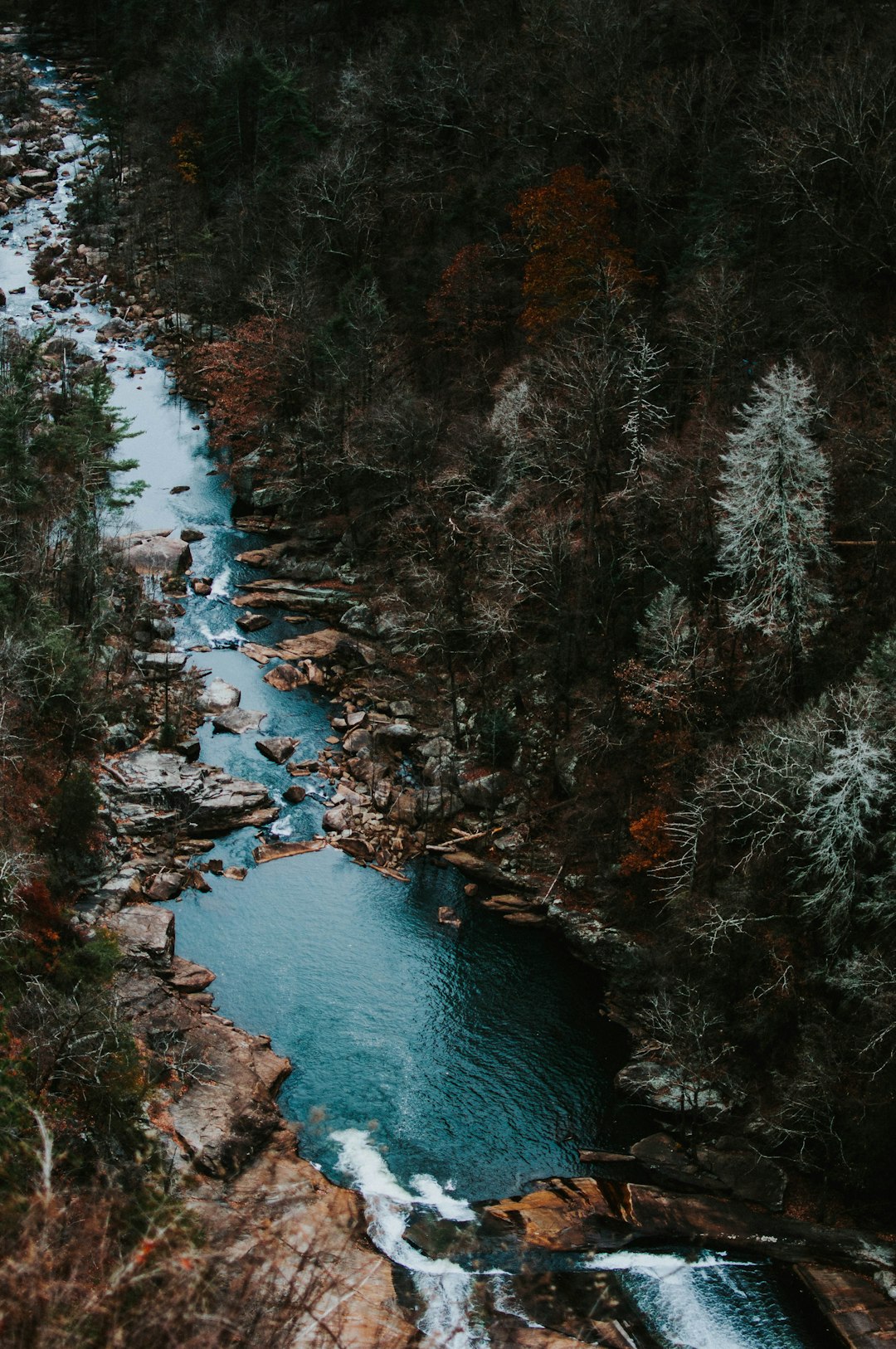 high angle photo of the Blue Jean River in North Carolina, in winter with dark foliage and rocks in the style of [Ansel Adams](https://goo.gl/search?artist%20Ansel%20Adams). –ar 85:128