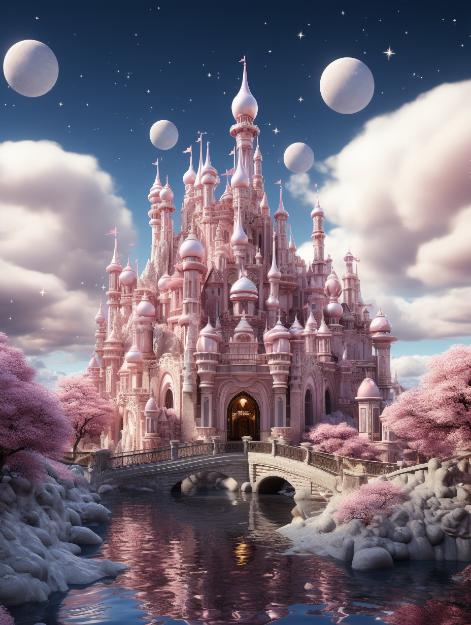 A magical pink castle surrounded by white clouds, pink trees and water with floating moons in the sky, in the cartoon style, with high resolution and ultra detailed details, fantasy, full of details, in the hyper realistic and photo realistic style, with octane render cinematic lighting, dreamy, with pastel colors, cute and romantic.