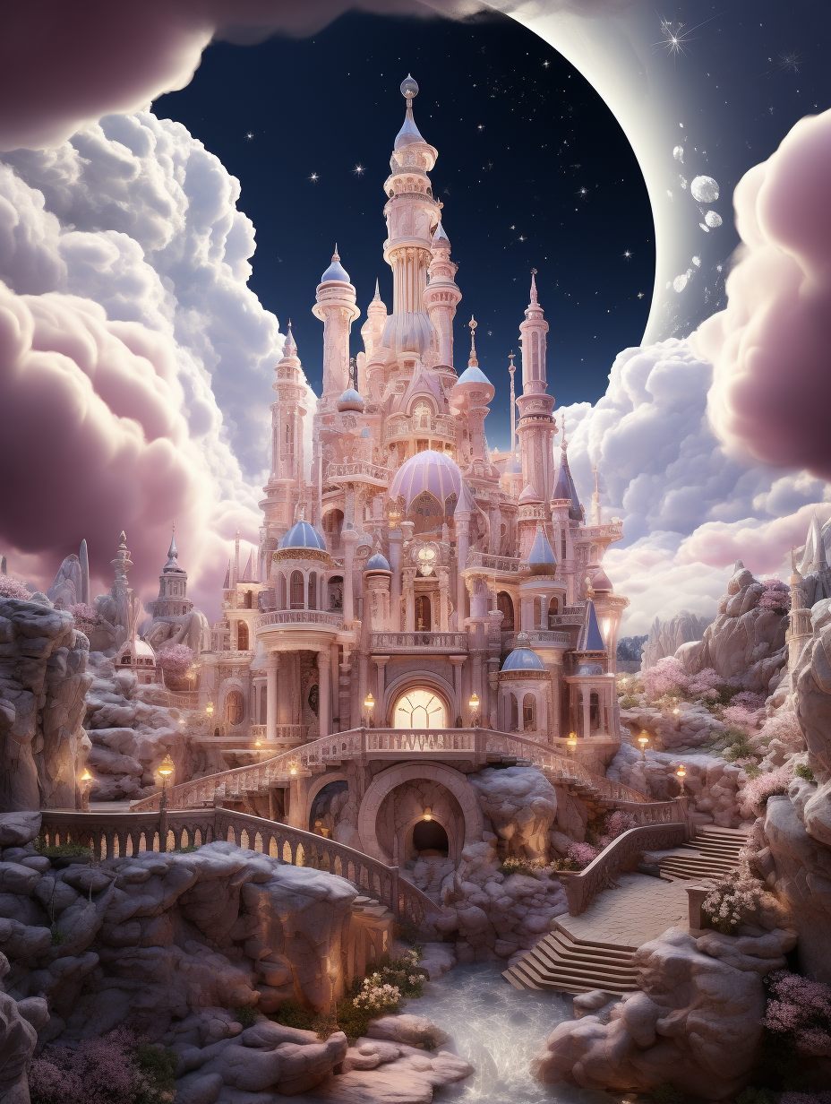 3D digital illustration of an enchanted dreamy castle surrounded by clouds, the sky is full with moons and stars, the colors pink white blue silver gold and black, a river flows in front of it, fantasy elements, hyperrealistic details, cinematic lighting, bright colors, detailed architecture, intricate details, beautiful scenery, magical glow, sparkling moon light, epic fantasy scene, realistic shadows, glowing lights, in the style of fantasy, volumetric lighting, vibrant colors, pastel tones.