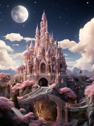 Disney style, cartoon castle, pink and white color scheme, pink clouds in the sky, moonlight shining on the top of it, surrounded by peach trees full of flowers, the winding road leading to its entrance has small bridges and flowing water underneath, surrounded by high mountains. The whole scene gives people an atmosphere of romance and fantasy, in the style of romantic, dreamy, high definition photography.