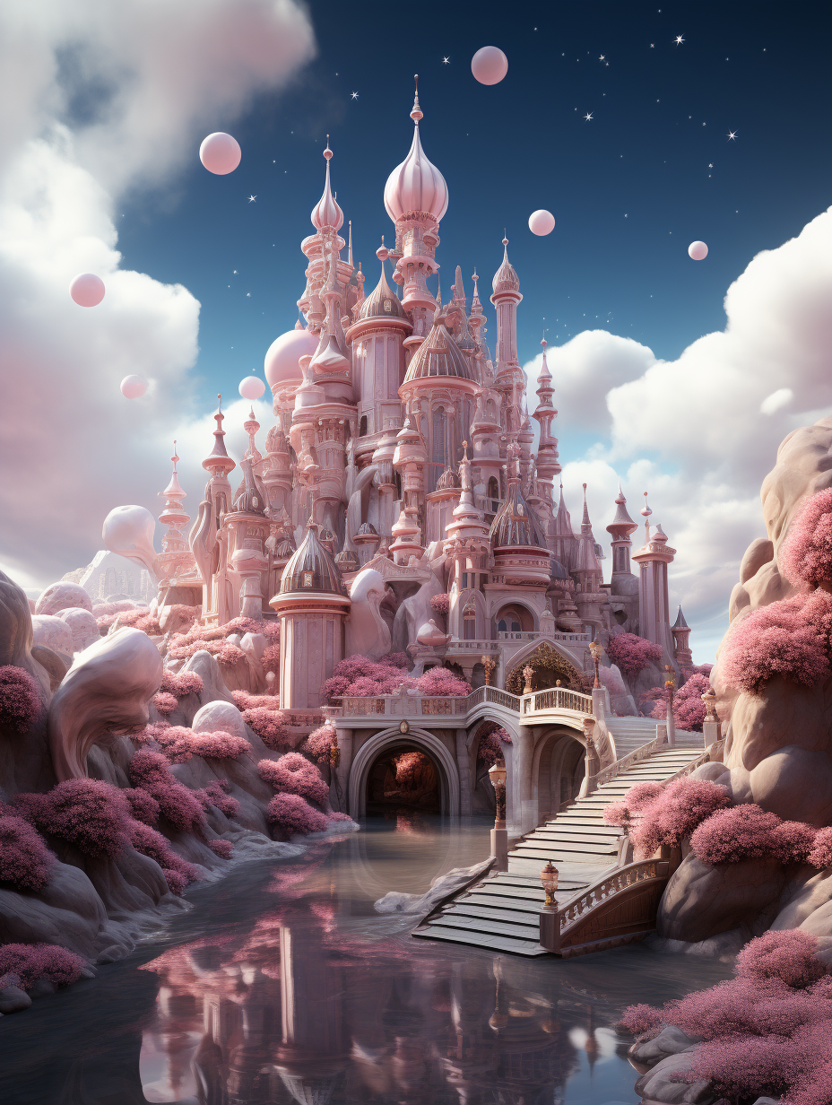 a beautiful pink and white palace with clouds surrounding it, surrounded by small water pools, cartoon style, rendered in cinema4d, inspired by disney animation, made of crystals, romantic scenes, rococoinspired illustrations, dreamy atmosphere, detailed background elements, balloons flying around