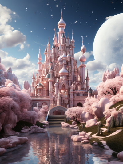 3D render of a magical fairytale castle in pink and pastel colors with a blue sky and clouds and a moon in the background. The landscape includes fantasy elements like cherry blossom trees in a fantasy landscape with detailed architecture and sparkling water reflections in the style of Disney Pixar.