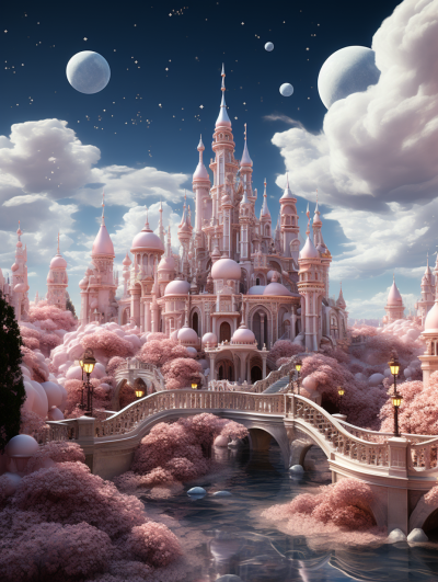 A beautiful fairytale castle surrounded by pink trees and clouds, a bridge over a small river leading to the entrance of the palace. Photorealistic and highly detailed in the style of a fantasy dream. A surreal white moon in the sky and blue skies. Hyper realistic and high resolution with intricate details. Cinematic lighting with sharp focus and depth of field. Volumetric light like photography taken at f/24 with a 35mm lens on a Sony Alpha A7 III.