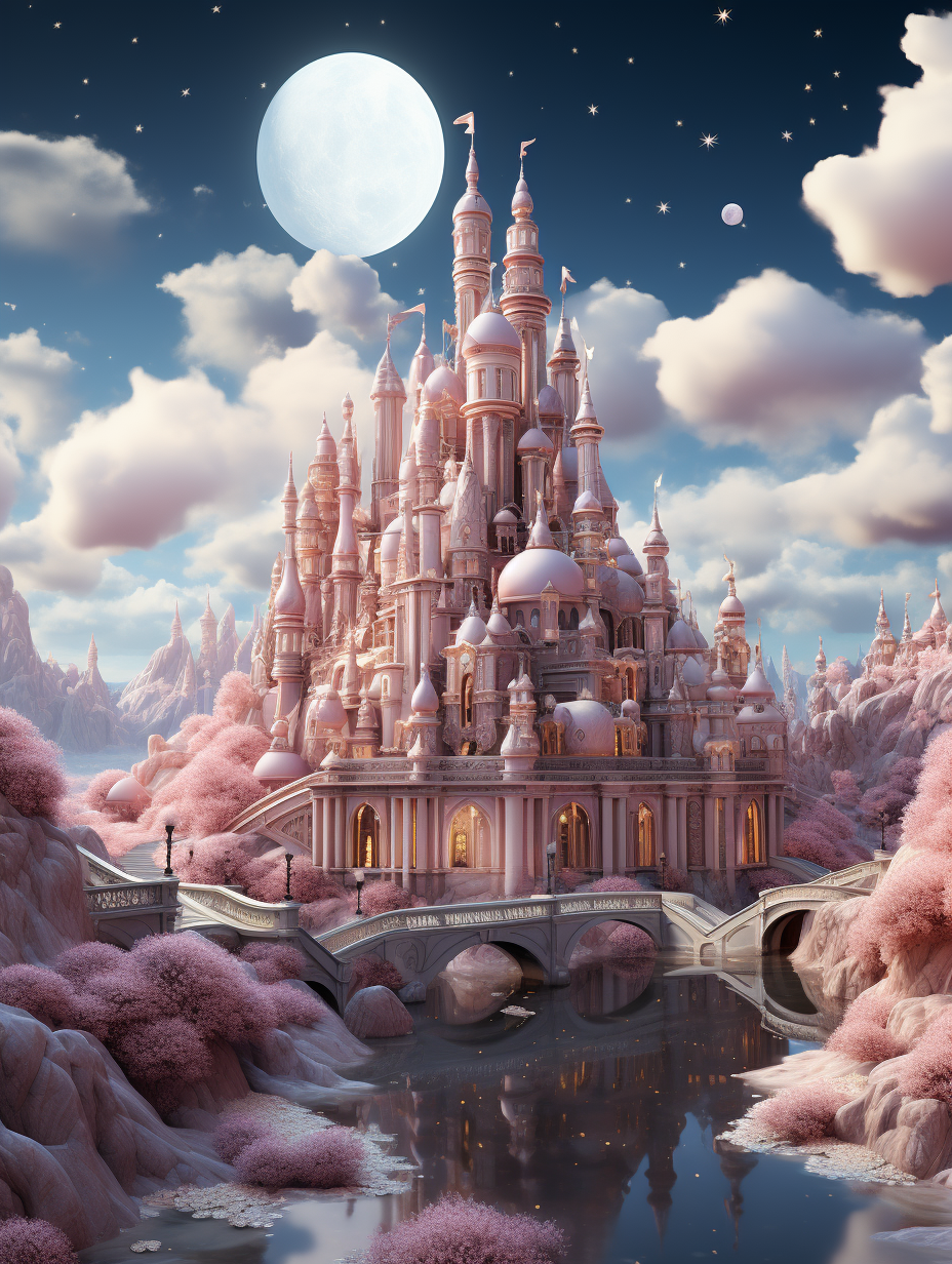 A pink and white crystal palace surrounded by clouds, a bridge over the river in front of it, the moon hanging high above the sky, a huge castle with numerous spires on top, surrounded by a dreamy atmosphere, rendered in cinema4d style, fantasyinspired art, surrealistic illustrations, cartoon realism, detailed character design, charming anime characters, digital airbrushing, sparkling water reflections, pastel color scheme.