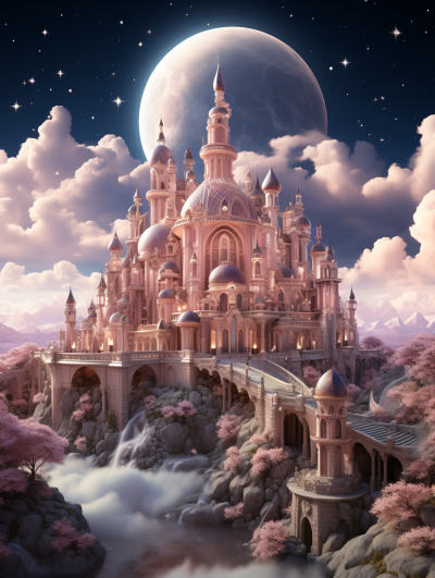 A majestic fantasy castle with towering spires and intricate details, nestled in the heart of an enchanted landscape under a full moon. The artwork focuses on a face with a pink color scheme in the style of fantasy digital art. It features a beautiful background with a dreamy mood. The image is highly detailed, high resolution, high quality and high contrast to provide the best picture quality. It is a masterpiece created in an ultra realistic style.