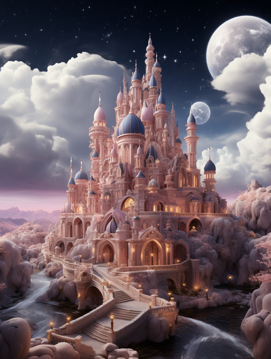 A majestic fairytale castle bathed in the soft glow of moonlight, surrounded by clouds and shimmering stars. The focus is on the face with a realistic fantasy artwork style that is highly detailed with pastel pink colors and digital art techniques. Cinematic lighting creates a surreal atmosphere that is dreamy with detailed architecture and grandeur of scale in a hyperrealistic and romanticized view in the style of celestialpunk. The scene is set against an expansive sky with fluffy white clouds, and a full silver moon hangs high in its place.