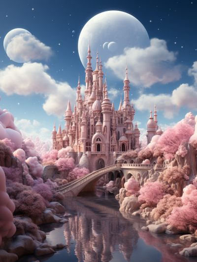 a fairytale castle made of pink crystals stands on the bank of an iridescent river, surrounded by clouds and pink trees. In front is a bridge that leads to it. Above in the sky there's a huge moon. fantasy illustration, digital art, detailed, high resolution, sharp focus, high detail