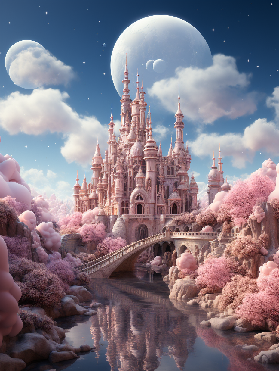 a fairytale castle made of pink crystals stands on the bank of an iridescent river, surrounded by clouds and pink trees. In front is a bridge that leads to it. Above in the sky there’s a huge moon. fantasy illustration, digital art, detailed, high resolution, sharp focus, high detail