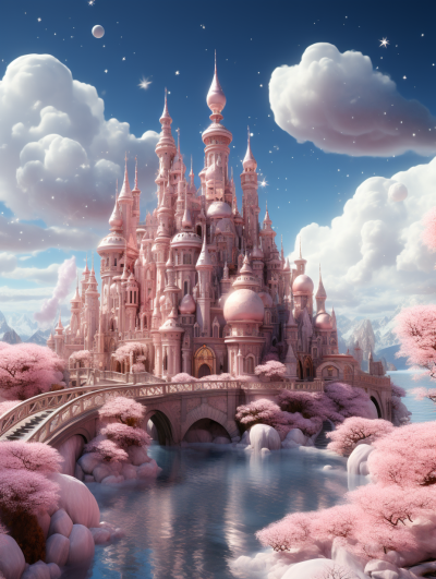 A fairytale castle surrounded by pink cherry blossoms, with clouds and stars in the sky, a bridge over water leading to it, creating an enchanting atmosphere. The scene is rendered in a realistic style, with soft lighting casting gentle shadows on its intricate architecture. This illustration captures magic realism, a concept inspired by Disney's animated films, with detailed attention placed for accurate textures of materials like stone or wood, creating a dreamy and magical ambiance.