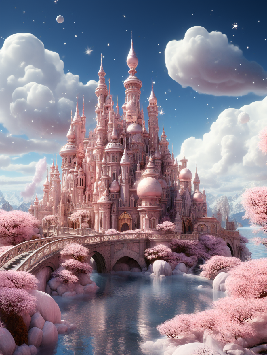 A fairytale castle surrounded by pink cherry blossoms, with clouds and stars in the sky, a bridge over water leading to it, creating an enchanting atmosphere. The scene is rendered in a realistic style, with soft lighting casting gentle shadows on its intricate architecture. This illustration captures magic realism, a concept inspired by Disney’s animated films, with detailed attention placed for accurate textures of materials like stone or wood, creating a dreamy and magical ambiance.