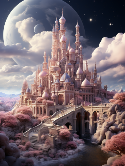 A pink fantasy castle with peach trees, clouds and moon in the background, in the cartoon style, in the style of Disney Pixar, high definition, high resolution, digital art, high details, hyper quality, volumetric light, bright colors, wide angle, full body shot, octane render, 3d render, cinematic, hdri, depth of field.