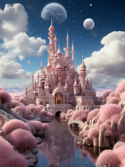 A pink fantasy castle surrounded by peach trees, a river flowing through the center of the picture, clouds in the blue sky, a full moon hanging high above, in the style of Disney, a dreamy atmosphere, super realistic details, detailed rendering, bright colors, high resolution.