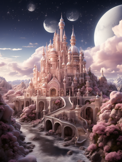 A majestic castle nestled amidst the enchanting landscape of pink clouds, bathed in ethereal moonlight. With a high resolution anime style, detailed background elements create a fantasy-inspired, surreal and dreamy ambiance. The cinematic composition features magical realism with hyperrealistic details in the intricate architecture and soft lighting. A celestial and cosmic theme imagines a whimsical fantasy world.