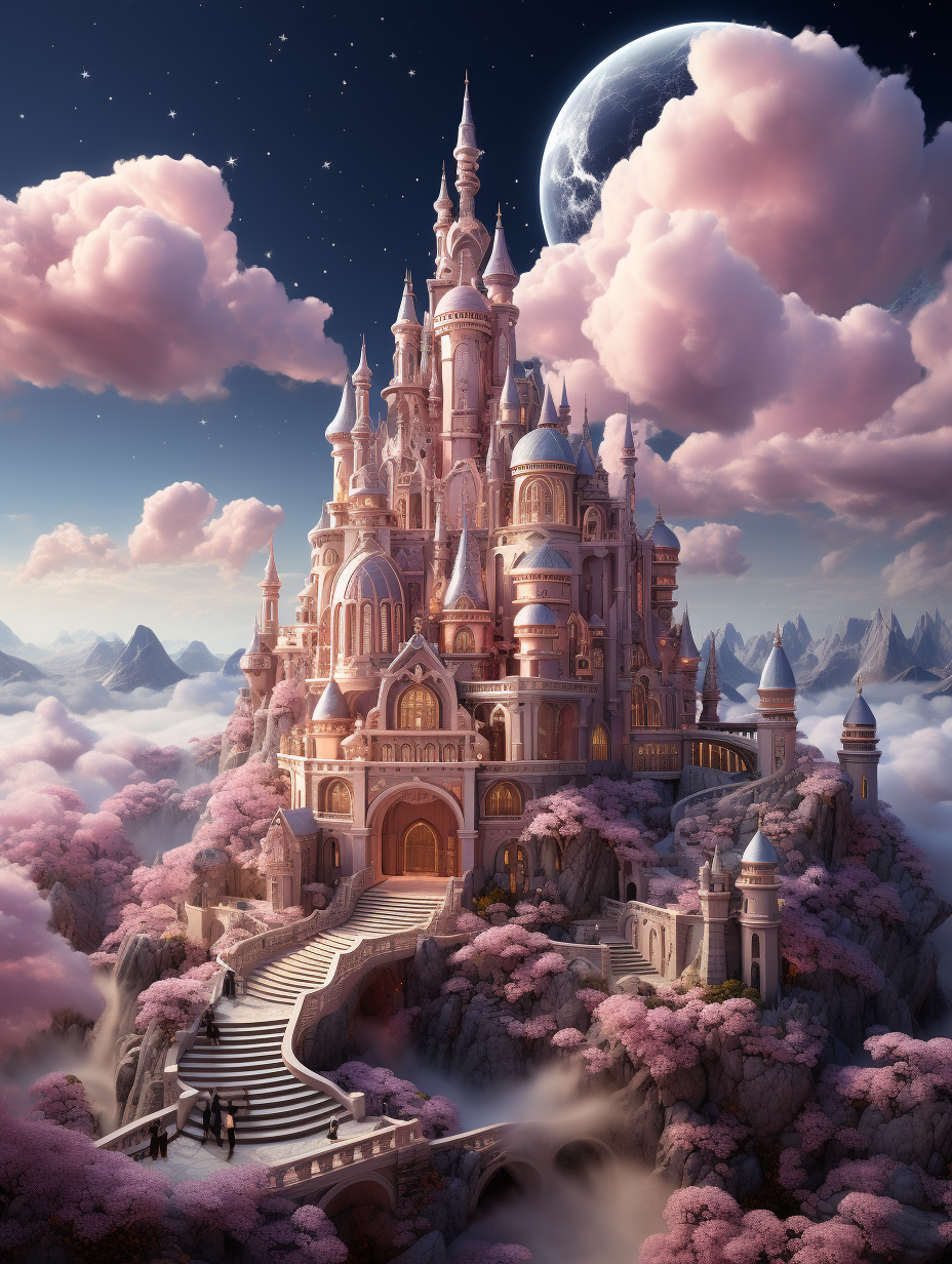 A magical fairytale castle in the clouds, surrounded by pink trees and mountains. The art style is fantasy-inspired with detailed character design. Highly realistic with hyperrealistic details, enchanting lighting and a whimsical background. A full body shot of the architecture in the style of fantasy art.