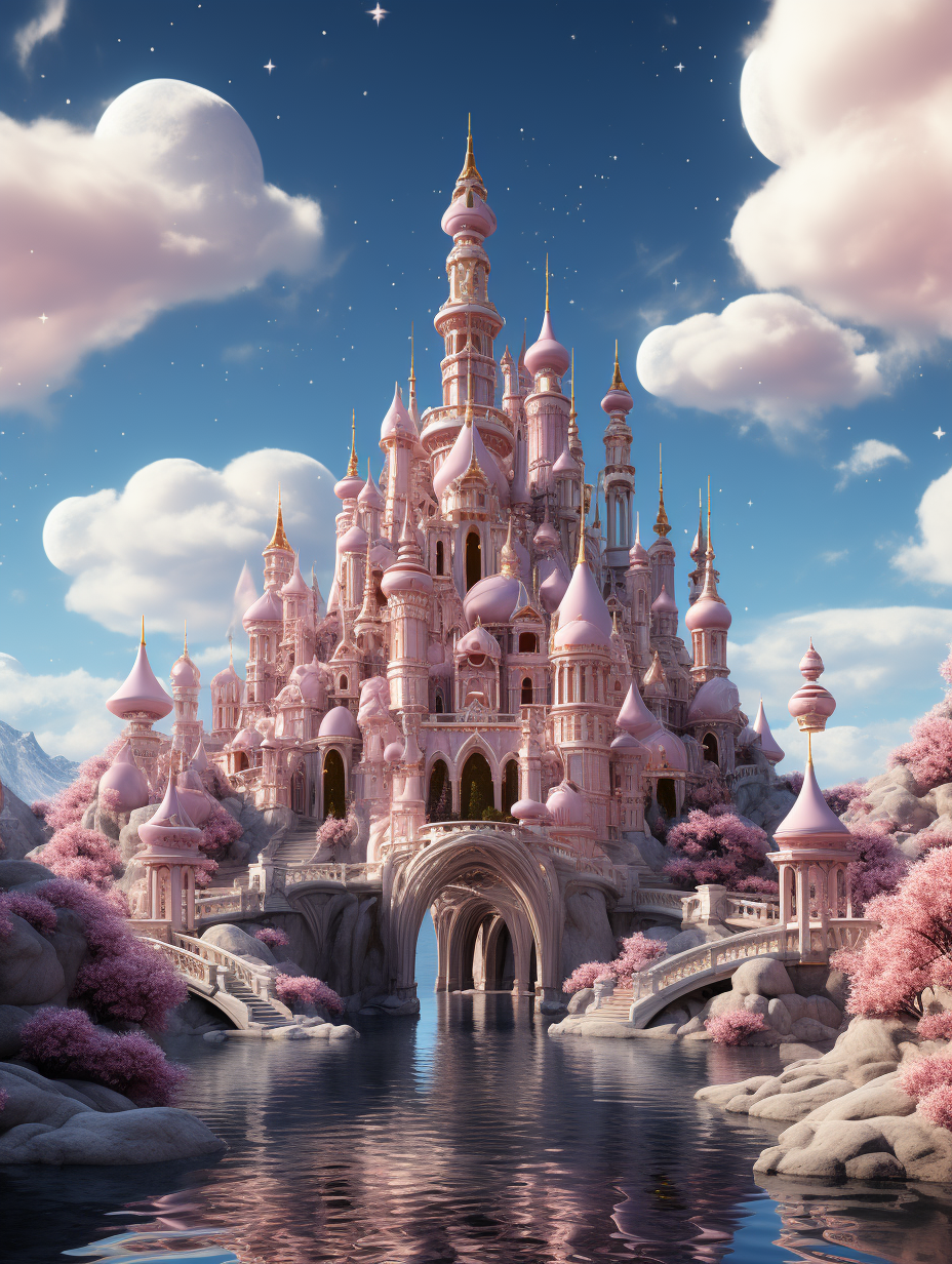 Disney style, pink castle surrounded by water and clouds, surrounded by trees with cherry blossoms, pink buildings with many spires, arches, bridges, fantasy style, dreamy blue sky, high definition details. The pink castle was surrounded by water and clouds in the style of Disney. Surrounded by trees with cherry blossoms, the pink buildings had many spires, arches, and bridges in a fantasy style under a dreamy blue sky with high definition details.