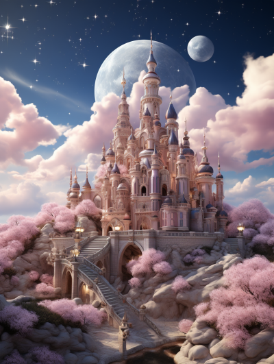 Disney style, magical fantasy world with a beautiful pink castle surrounded by cherry blossoms and a moon in the sky, digital art, high resolution, hyper realistic, high detail, high quality, high definition, sharp focus, cinematic, sharp lines, detailed background, pastel colors, soft lighting, volumetric lighting, dreamy atmosphere, epic composition, in the style of professional photography, pro color grading,