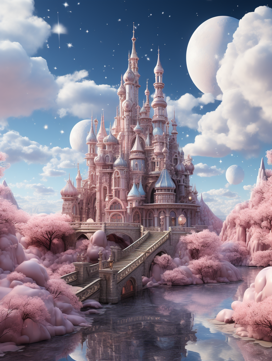 A pink fairytale castle surrounded by white clouds and cotton candy trees, with water in the foreground and a bridge leading to it. The sky is blue with large moons, creating an enchanting atmosphere. This scene was created in the style of C4D OC renderer. It has a soft color palette, dreamy quality, and surrealistic elements.