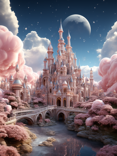 3D digital illustration of a whimsical fairytale castle surrounded by fluffy pink clouds, with majestic spires and bridges over waterways, under the moonlit sky. The scene is bathed in soft pastel hues, creating an enchanting atmosphere reminiscent of classic fairytale illustrations in the style of classic fairytale illustrators.