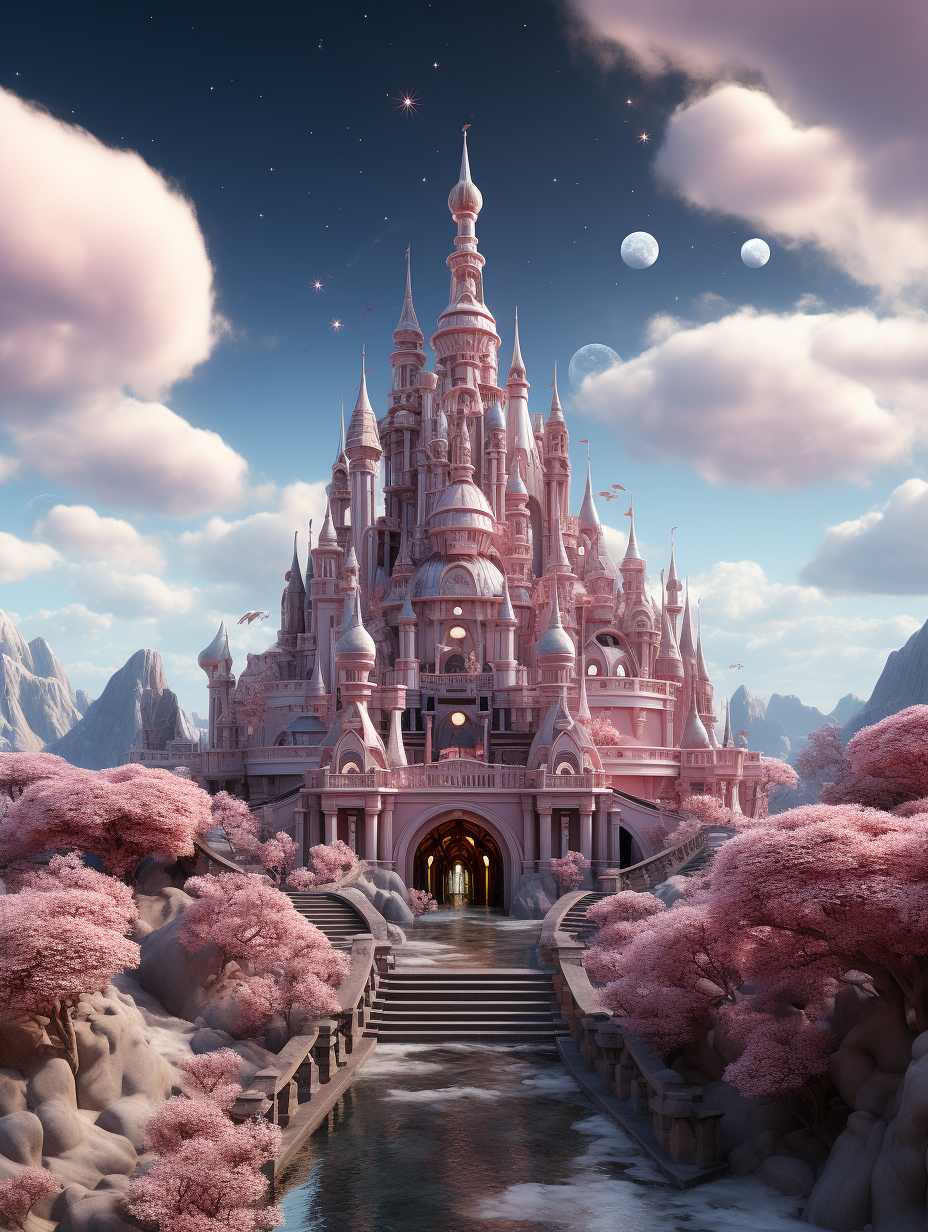 Disney style pink fantasy castle in space, surrounded by peach trees and clouds, realistic and hyperdetailed renderings with a matte background, soft edges and blurred details, rendered with cinema4d, full of fairy tale atmosphere in the style of Disney.