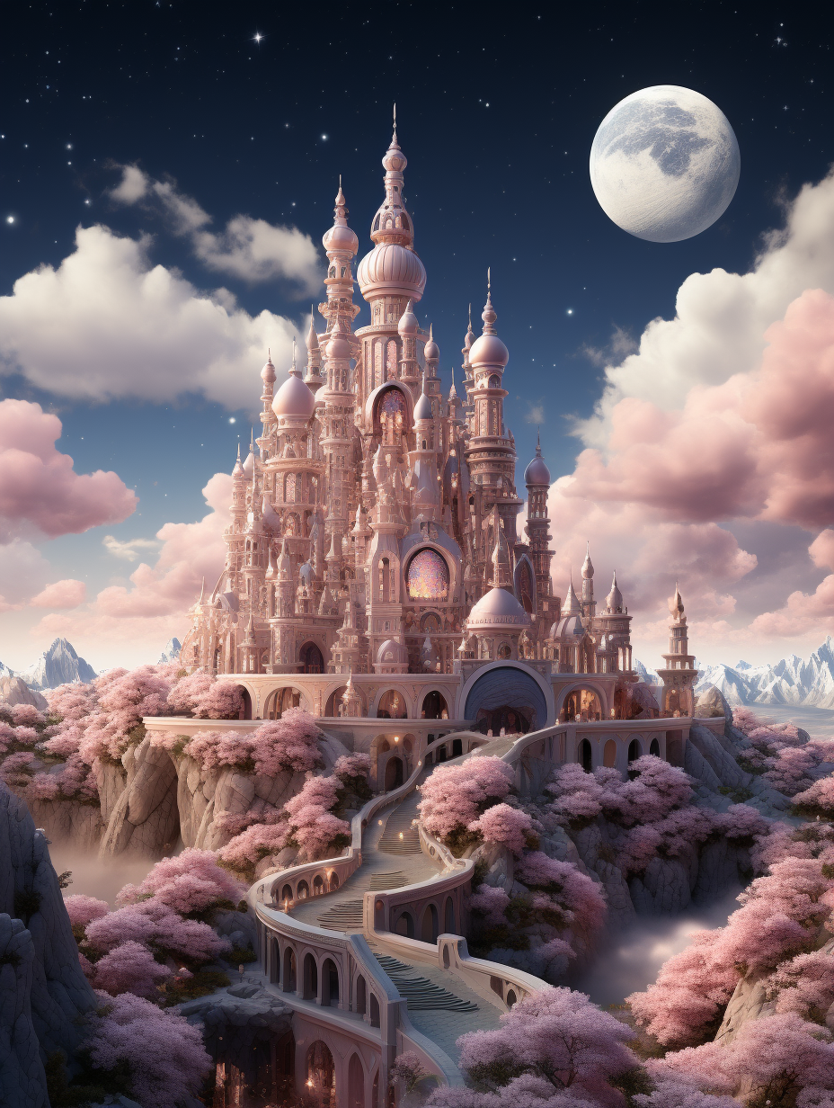 A grand pink crystal castle nestled on the top peak surrounded by cherry blossom trees and a full moon in the sky. The ornate architecture with spires and domes creates an ethereal atmosphere. A winding path leads to its entrance, leading into another world filled with magic and fantasy. The focus is on materials, with a realistic hyperdetailed rendering style depicting a romantic scenery and dreamy atmosphere within a detailed background at a high resolution, in the style of romantic fantasy art.