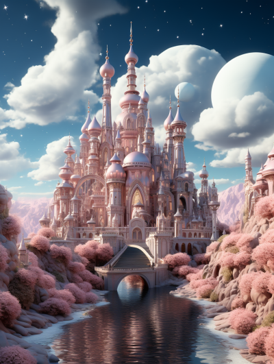 3D render of a cartoon-style, romantic pink and white palace with tall towers on a background of a blue sky with clouds. A river flows in front of it, creating a fantasy landscape with pastel colors and a dreamy mood. It depicts a fantasy planet surface with pink trees around a castle and a moon in the sky. The digital art is in the style of Pixar studio.