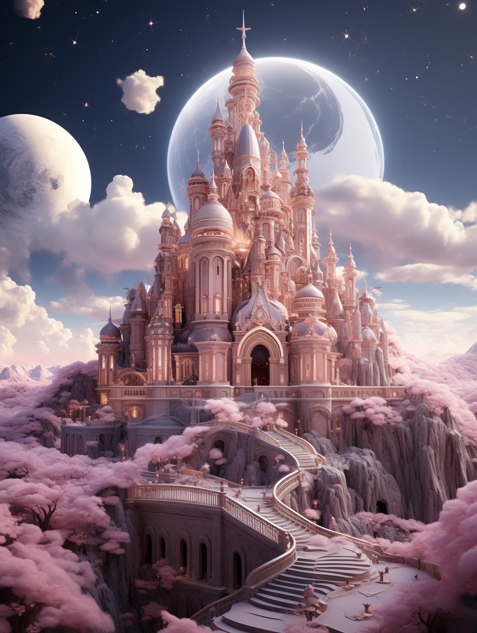 3D render of a magical fantasy palace in the sky, pink and white clouds, moon background, fantasy architecture, fantasy castle, magic tower, beautiful palace, architecture, fantasy building, fantasy city, highly detailed illustrations, pastel colors, soft lighting, high resolution, hyper realistic in the style of anime aesthetic and 2D game art with a cartoon realism fantasy art style.