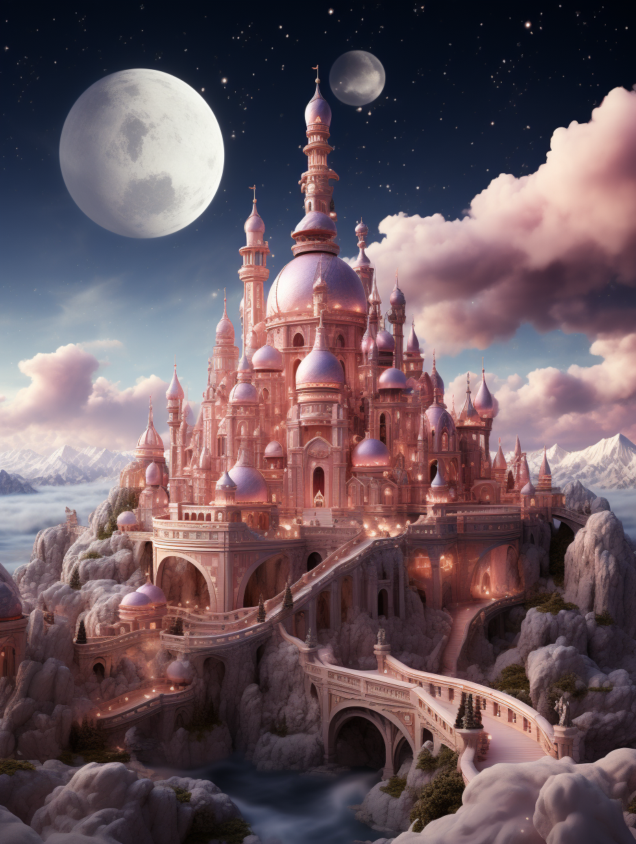 A pink fairytale castle on an island in the sky, surrounded by clouds, moonlight and mountains. The bridge to another part of the building is decorated with silver ornaments. In the style of 3D digital art, it features pink walls and domes with a white background and high resolution.