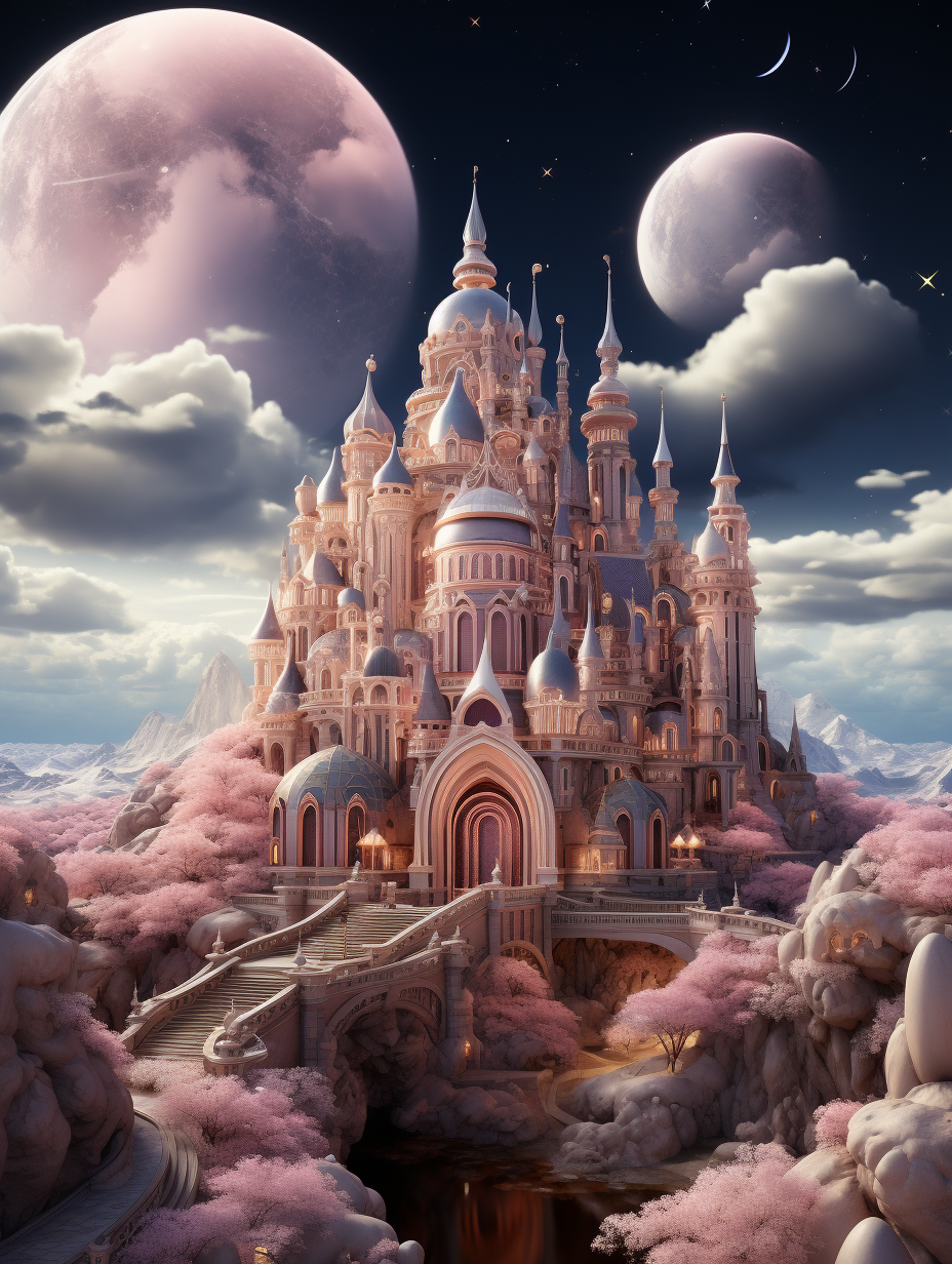 3D render of a magical fairytale castle in the sky, with pink and white clouds, a big moon, surrounded by pastel peach blossom trees in the style of a dreamy fantasy landscape, with highly detailed