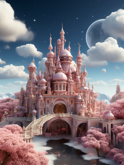 3D render of a magical fantasy fairytale castle in pink pastel colors, with bridges and towers surrounded by trees. Clouds are in the sky with a full moon in the background. The rendering is highly detailed with intricate details, sharp focus, and cinematic lighting including volumetric light. The style is reminiscent of octane rendering.