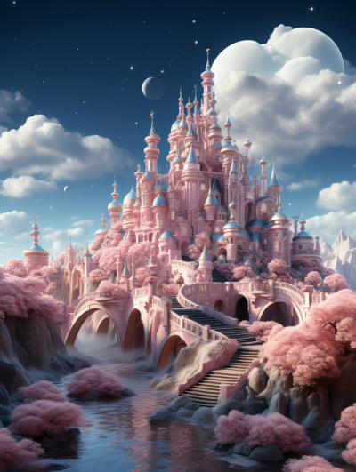 pink fantasy castle, fantasy landscape, fantasy architecture, digital art style, cartoon game design, high resolution, detailed, concept painting, hyper realistic, hyper detailed rendering, moon and clouds in the sky, bridge over water, fantasy pink trees, pink flowers, pastel colors, highly detailed