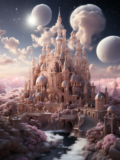 A grand, opulent castle surrounded by pink clouds and floating moons in the sky, rendered in the style of Surrealism with elements of fantasy and romantic style. The architecture is adorned with intricate details and decorative towers, creating an enchanting atmosphere. A river flows through its base under soft pastel colored skies, adding to the dreamlike quality of the scene. Digital illustration, rendered using Blender software, showcasing the whimsical and fantastical nature of the setting.